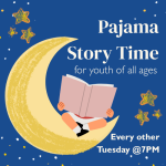 Child reading, sitting on a crescent moon with the program name beside it