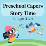 Child detective following a trail of flying books with the program title overhead