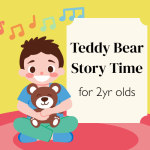 A child hugging a teddy bear on their lap with the name of the program to their right