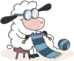 White sheep wearing glasses, knitting