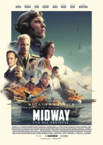 Movie cover of Midway depicting a Naval carrier with flames and planes flying around it.