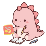 Clipart pink dinosaur holding a pencil and bag of chips.