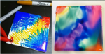 On the left, a tile coaster with Sharpie scribbles in a rainbow design. On the right,  a completed c