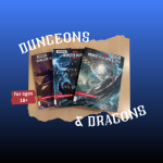 Books on a table with the words Dungeons & Dragons around them