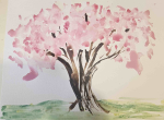 Watercolor cherry tree with pink blossoms, brown trunk and branches, green grass