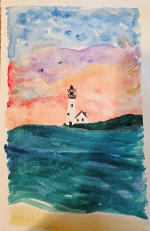 Photo of watercolor lighthouse project - sunset sky and white lighthouse