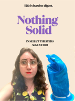 movie poster for nothing solid, a young woman with glasses holds a colostomy bag over her hand