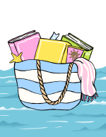 Image of pastel colored books with ocean background 