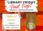 Description of the paint night party with the sunflower gnome image and program details.