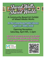 flyer for the shared walls, shared worlds exhibit opening reception with the date, time, and descrip