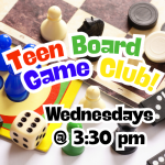 assorted board game pieces for background with title, date and time layered on top.