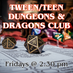 a D20 die for background with title, date and time layered on top.