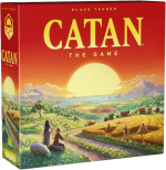A board game box with a red background and gold text that says 