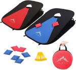 Two collapsible cornhole boards that are red and blue, and a pile of red and blue beanbags. The imag