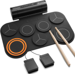 A black pad with seven circles and a round attached speaker with two black pedals and two drum stick