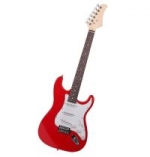 A red, electric guitar in front of a white background