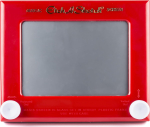 A red, square device with two white knobs and a blank, gray screen.