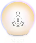 A glowing, yellow/white orb with an abstract drawing of a flower and a seated figure on the front.