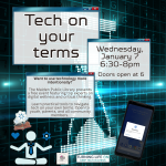 Pop up boxes with program title, times, and description.