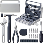 A gray case that opens to show a 16 piece home tool kit