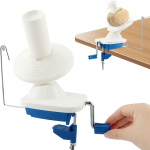 A blue and white device that clamps onto a table and rotates to spin yarn when the handle is turned.