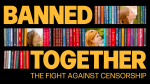 3 young female faces in profile look up to the right; separated by book spines and the words "BANNED