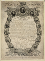 Print shows a facsimile of the Declaration of Independence, in an ornamental oval frame with medalli