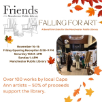 Logo and leaves in fall colors and a picture of people looking at artwork at the library