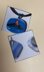 Two squares: fused glass pendant and fused glass magnet.