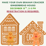 Two smiling gingerbread men waving in front of two gingerbread houses