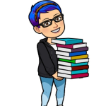 Graphic woman with blue hair holding a pile of books.
