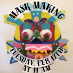 a colorful, homemade cardboard mask against a white wall