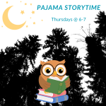 A cartoon owl reading on top of a stack of books with a background of dark trees