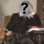A painting of William Shakespeare with his face blurred and a question mark over his face.