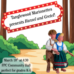 wooden puppets hansel and gretel on a cartoon forest path