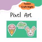 Event title with a photograph of pixel art ice cream cone, pixel art turtle, and a pixel art dog.