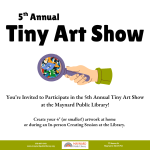 Overview of the annual Tiny Art Show with this years logo design featuring artwork under a magnifyin