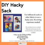 Event title & scheduling informatin with photographs of various handmade hacky sacks
