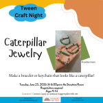 Event title & scheduling information with a photo of a bracelet designed to look like a caterpillar.