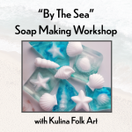 Event title with a photograph of soap that is clear or various shades of blue with white seashells e