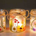 glass jar with pressed flowers. 