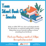 Event title with frequency and description with graphic of people sitting & reading on a pile of boo