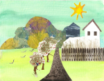 Collage of landscape with trees, birds, road, house, and sun