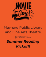 Text presenting summer reading kickoff  movie event