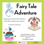 Program scheduling info and description with graphics of a dragon, castle, and a stack of books with