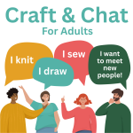 Cartoon of four adults saying I Knit, I Draw, I Sew, and I want to meet new people