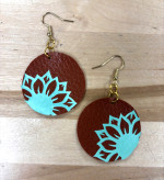 round faux leather earrings with blue vinyl flower