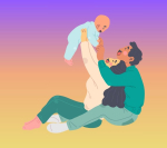 Caregivers lifting a baby above them.