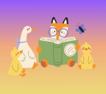 Animals are gathered around a book for storytime.