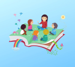 Storyteller and kids are sitting on a book.